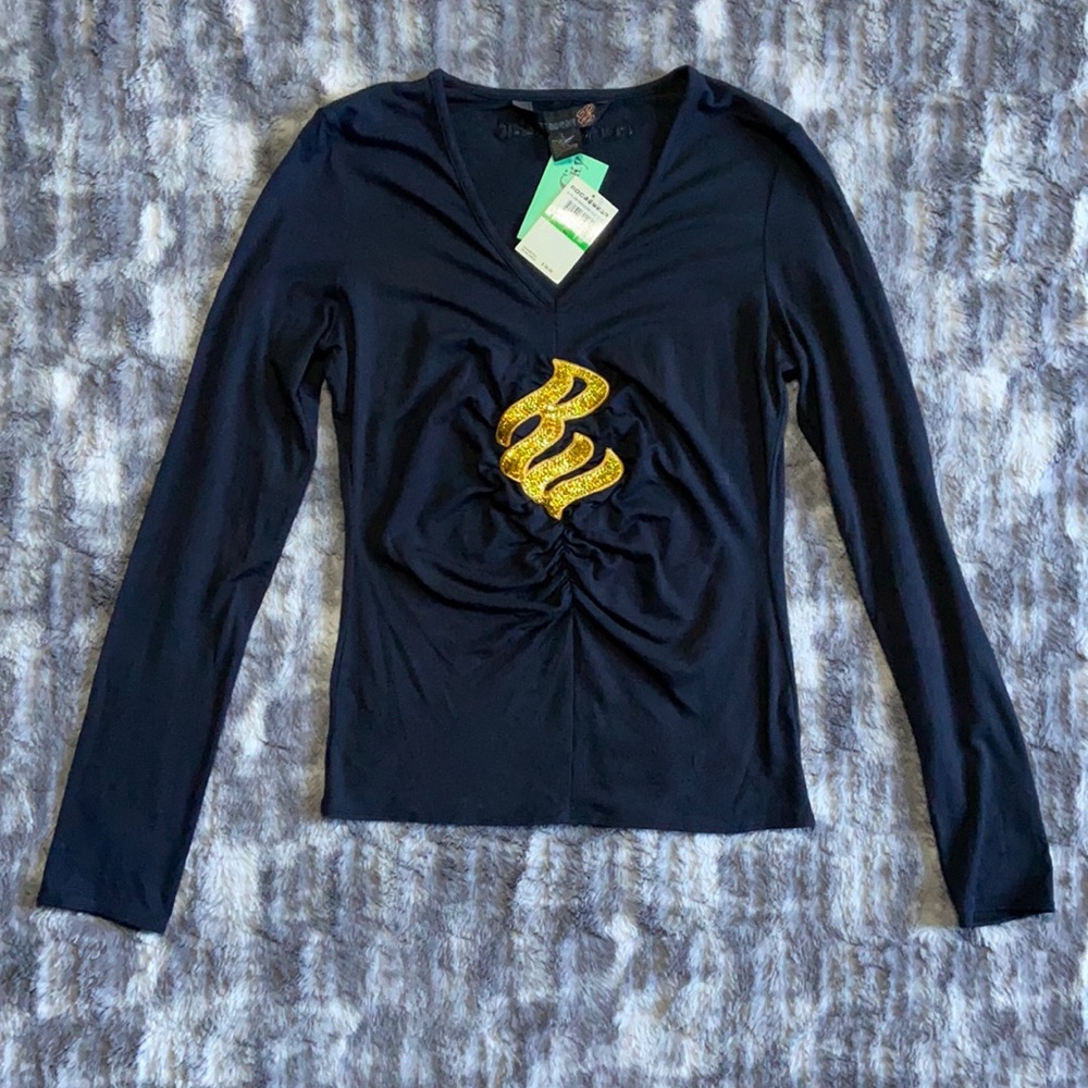 NWT! Rocawear Solid Black With Gold Detail Long Sleeve V-Neck Blouse Size Large